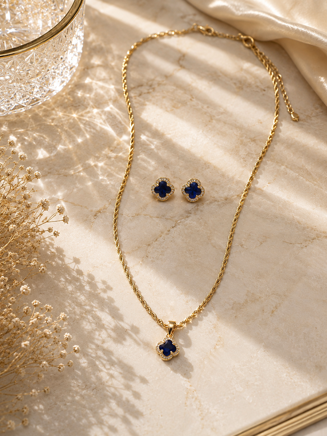 Odette Navy Clover Necklace & Earrings Set