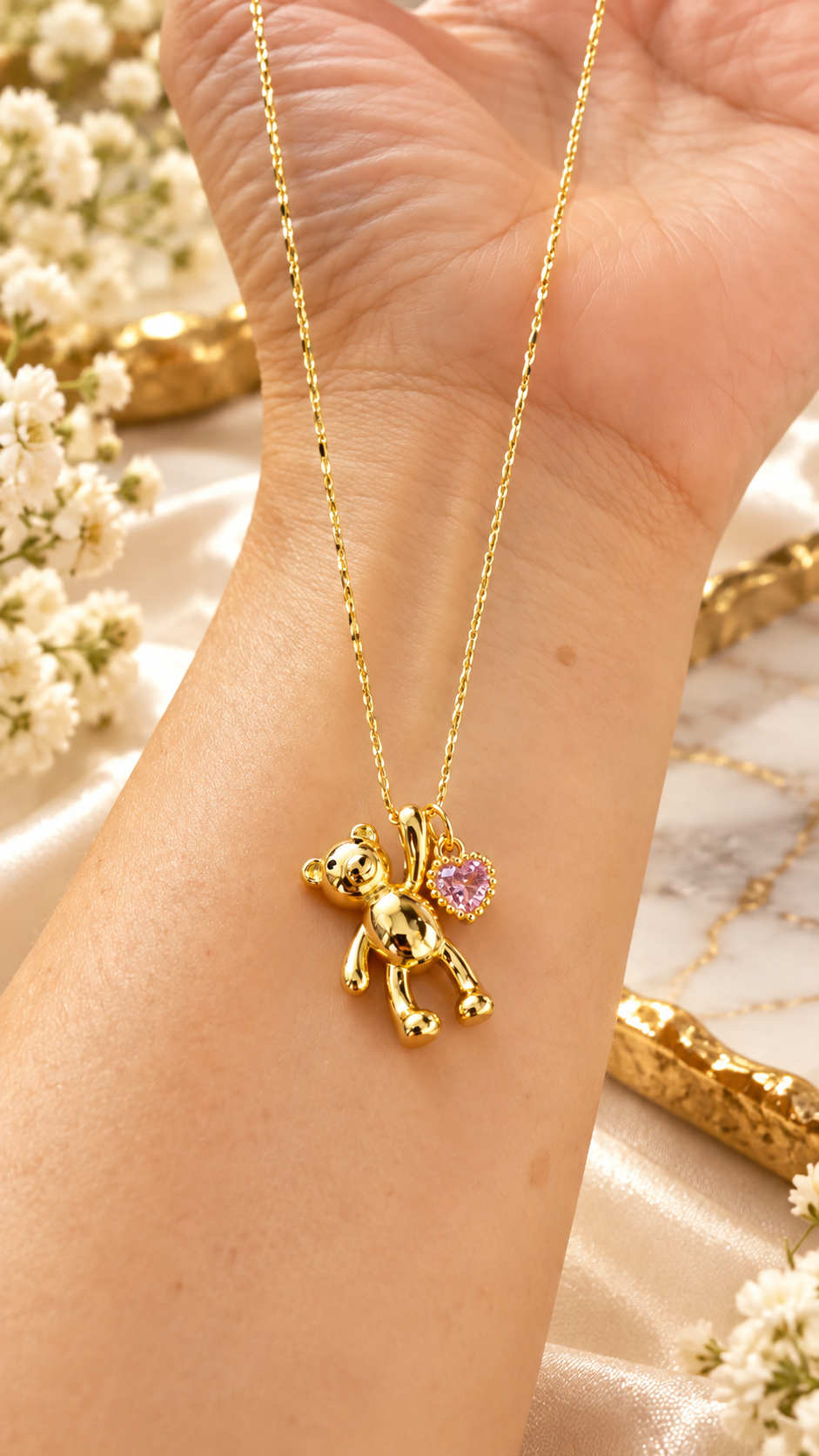 Sophie Bear & Pink Heart Necklace