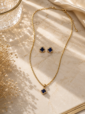 Odette Navy Clover Necklace & Earrings Set
