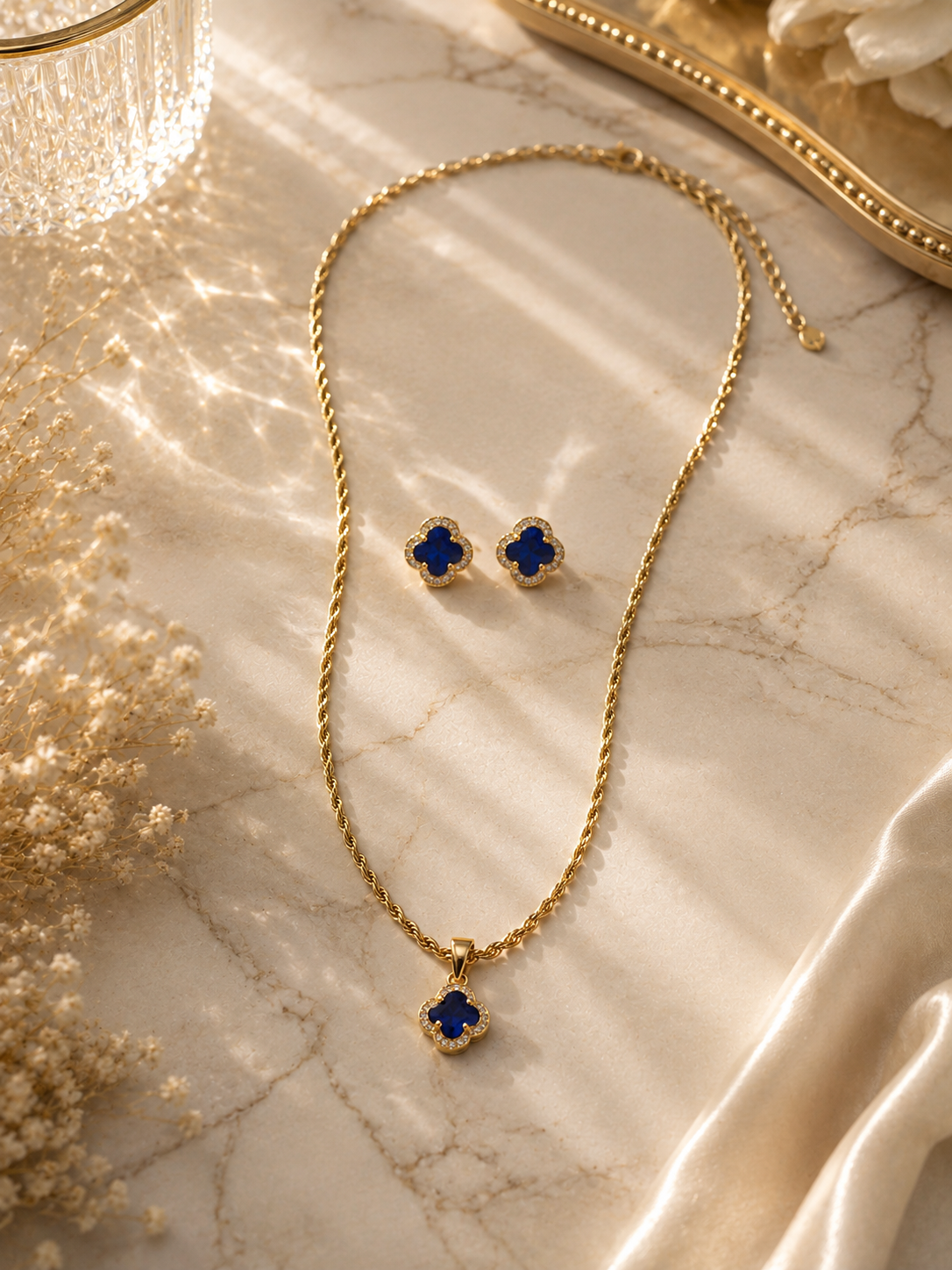 Odette Navy Clover Necklace & Earrings Set