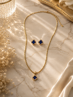 Odette Navy Clover Necklace & Earrings Set