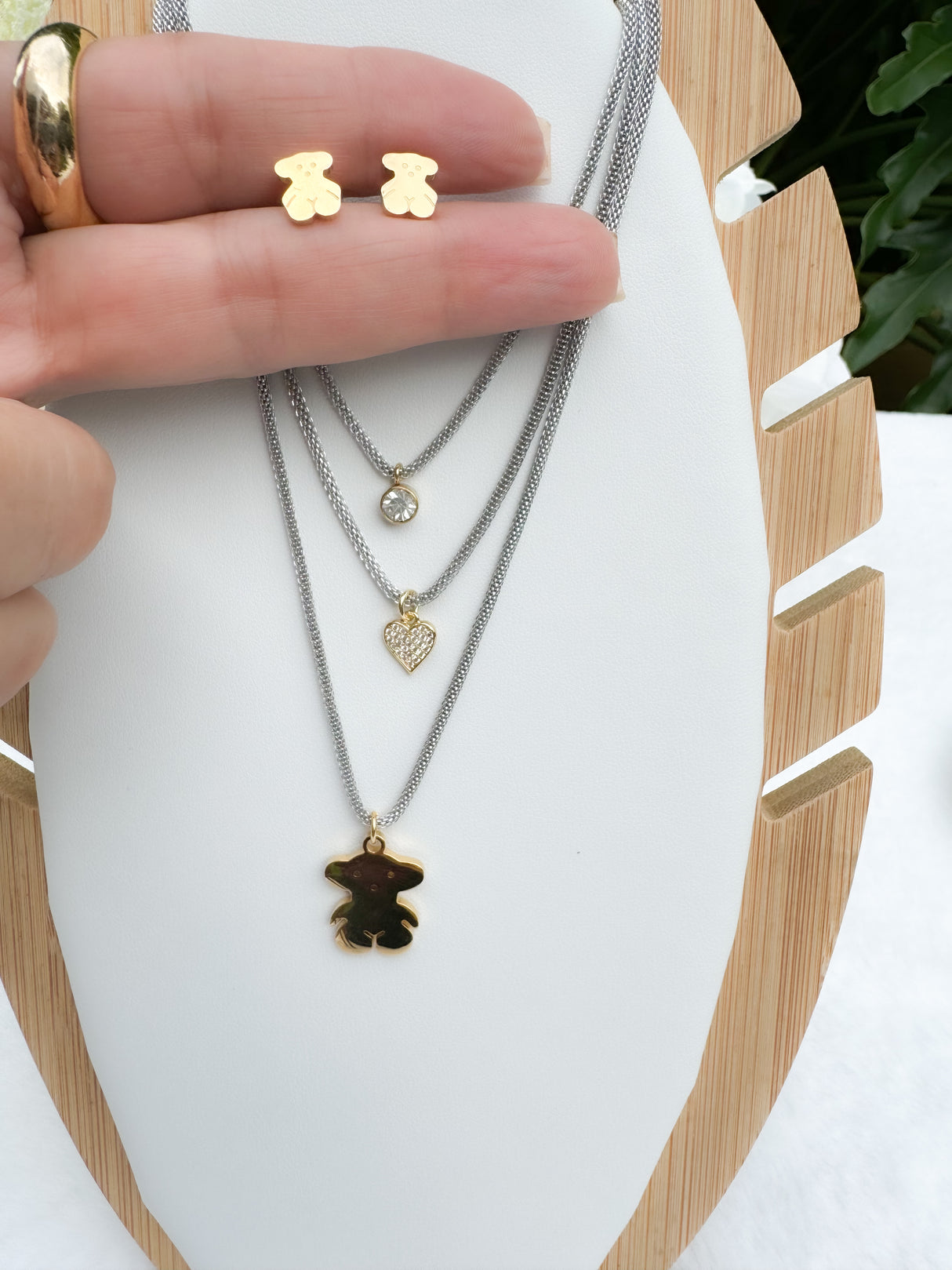Bear 3-chain necklace & earrings
